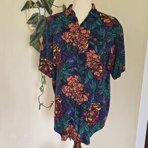 Colorful Vtg Floral Beach Hawaiian Short Sleeve Button Shirt Blue Purple Green L